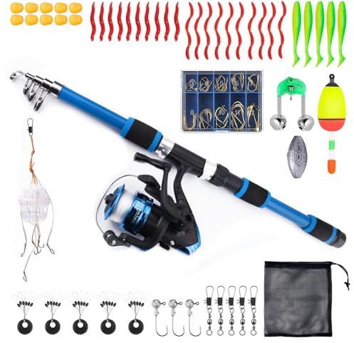 RNPKZ Kit de pêche pour enfants, 1,8 m, kit de démarrage de canne à pêche pour enfants, avec moulinet, appâts, hameçons et sac de transport, moulinet en fibre de carbone, accessoires de pêche pour