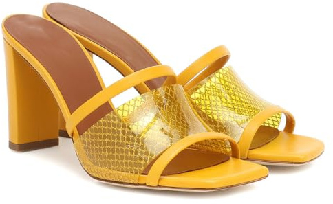 Mules de Tacón de Bloque con Punta Cuadrada Abierta para Mujer, Sandalias de Tacón Alto Grueso Amarillas Transparentes, Zapatos de Vestir Deslizables Sin Talón de Moda Formal