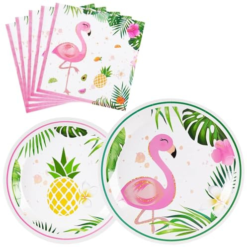 WERNNSAI Flamingo Party Supplies - 48PCS Luau Summer Hawaiian Luau Themed Tableware Set for Girl Kids Birthday Pink Dinner Dessert Plates and Napkins for Tropical Pool Party Decoration Serves 16 Guest