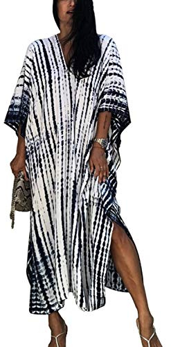 YouKD Lång kaftan bohemisk kimono maxi nattlinne strand täckande klänning för kvinnor, B svart vit, en storlek