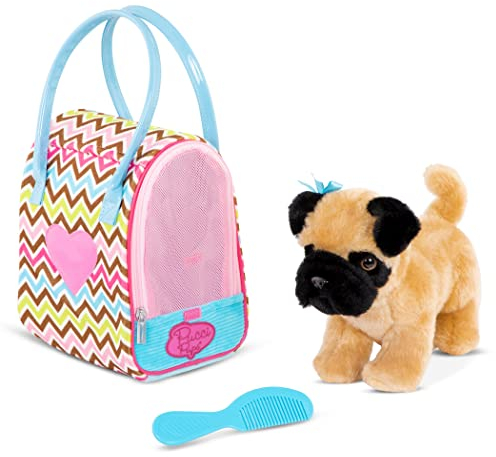 Pucci Pups Mops Kuscheltier Hund in Handtasche mit Zubehör – Plüschtier Welpe in Zickzackmuster Tasche – Spielzeug für Kinder ab 2 Jahre