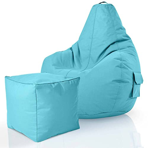 Green Bean© Set de 2: Pouf + Tabourets - remplis - Robustes lavables résistants à la saleté - Enfants&Adultes Bean Bag Coussin de Sol Lounge Chaise Fauteuil Relax Gamer Siège de Gaming - Aigue-Marine