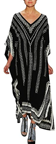 LikeJump Bohemisk v-ringad kimono maxi baddräkter kaftan bikini täckande sommar strandklänning toppar, Bsvart, one size