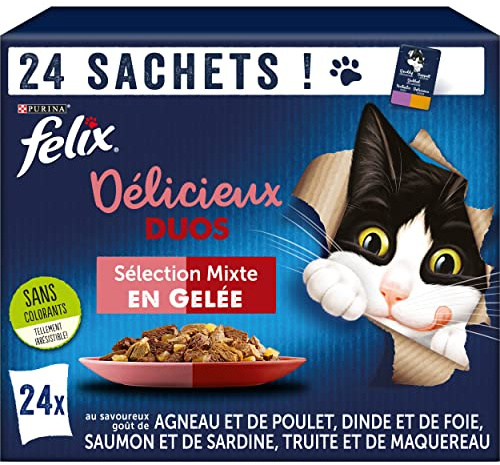 FELIX | Délicieux Duos | En Gelée | Chat Adulte | Sélection mixte : Agneau et Poulet, Dinde et Foie, Saumon et Sardine, Truite et Maquereau | Sachets Fraîcheurs |( 24 x 85 g)