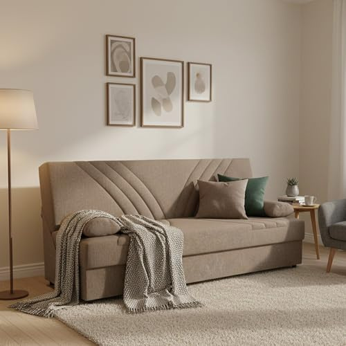 Dmora Divano Letto 3 posti Ramon, Divano Contenitore 2 Cuscini Inclusi, Sofà da Soggiorno in Tessuto con Apertura Click-clack, 181x81h88 cm, Beige