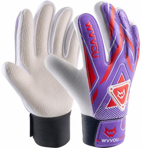 WVVOU Kids Junior Goalkeeper Gloves, Boys and Girls Football Gloves with Double Wrist Protection and Non-slip Wear Resistant Latex Material (5, Purple)