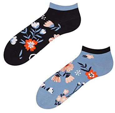 Dedoles Sneaker Socken Low Cut Füßlinge Unisex Damen Herren Baumwolle lustiges Design Geschenk links rechts verschieden, Farbe Blau, Motiv Wiesenstimmung, Gr. 39-42