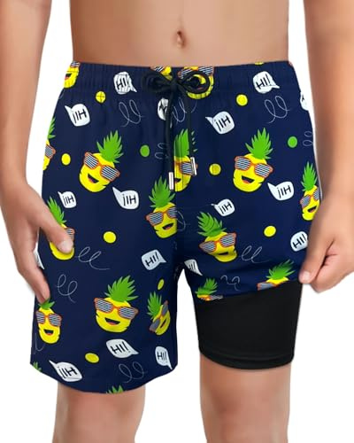 LUCOWEE Boys Pineapple Navy Swim Trunks with Boxer Brief Liner Anti Chafe No Mesh Swimming Shorts Compression Lined 4-Way Stretchy UPF Quick Dry Pineapple Bathingsuit Size 14-16