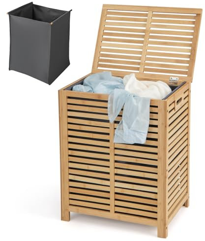 Multigot Bamboo Laundry Basket, Clothes Storage Hamper with Lid & Removable Inner Bag, Portable Clothes Washing Storage Box for Bathroom Bedroom Living Room (Wide Slats)