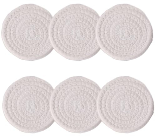 Round Coasters Set of 6 Woven Placemats Drinks Cup White Coasters Plain Absorbent 11cm Table Cup Mat for Beer Tea Coffee Mug Wine Glass Housewarming Gift Home Pub Bar 4.3 Inch BD0207