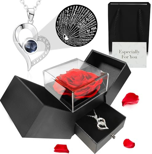 TANNESS Preserved Real Roses Gifts for Her - Gift Box, Necklace w/ 'I Love You' in 100 Languages - Mom, Eternal Rose, Forever Rose for Mum, Presents for Women, Necklace Box