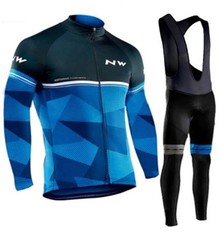 VeloZenith Fahrradbekleidung Herren Winter Set Radtrikot herren langarm+Fahrradhose winter herren mit 3D Sitzpolster, Blau, 2XL