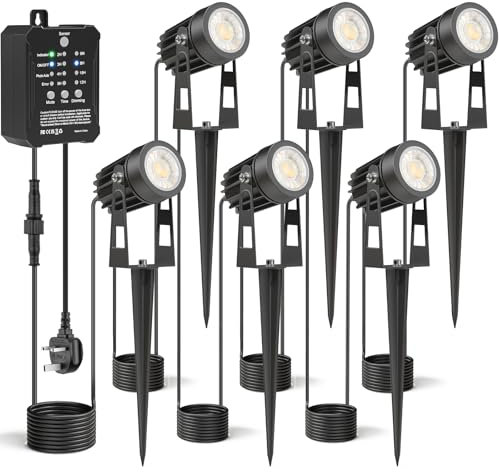 HIBOITEC 6PCS Outdoor Garden Lights with Transformer, 52FT Photocell Sensor Garden SpotLights Mains Powered, Dimmable 2700K Waterproof Pathway Lighting, Timer Outdoor Lights for House Yard Trees