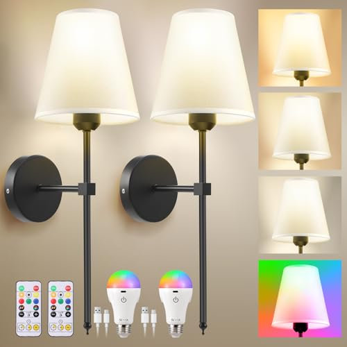 Gxpjycfob Battery Operated Wall Lights Set of 2, Rechargeable Wall Lights with Remote Control, Fabric Shade Lighting Fixtures, 16 RGB LED Bulb Wall Sconce for Bedroom Living Room, No-Hardwired (Black)