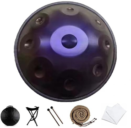 22 InTambor de Lengüeta de Acero,Tambores de Mano de Acero Kurd en Re Menor 9Notas,Tambor Tanque con 2 Mazos+Bolsa de Transporte+Soporte Portátil+Instrumento de Percusión de Ratán Tejido-Deep purple