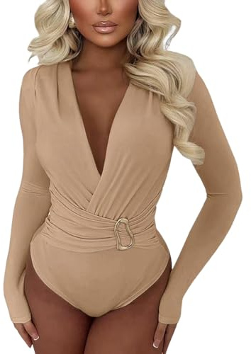 Gkaopi Body de Manga Larga para Mujer Cuello en V Profunda Bodys Camiseta Sexy Elegante Fiesta Body Leotardo Stretch Bodycon Blusa Mono Bodysuit Talla Grande Traje de Una Sola Pieza Camisetas