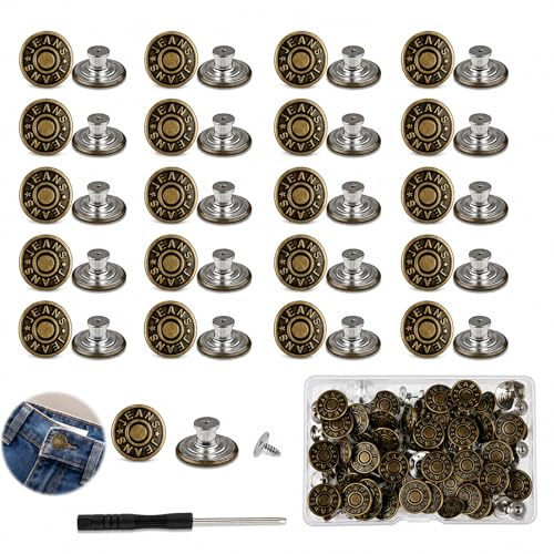 100PCS boutons de rechange réglables, Rechange Réglables en Laiton 17 mm avec Tournevis, Accessoires de Couture pour Réparation de Jeans et Pantalons, Ajustement Facile et Durable pour Vêtements