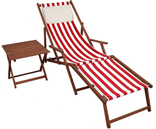 Gartenliege Liegestuhl Fußteil Tisch Kissen Deckchair Holz Sonnenliege rot-weiß 10-314 F T KH