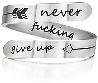 Vrycot Adjustable Stainless steel Silver Never give up Ring Inspirational Opening Stacking Cute Hiphop Bands…