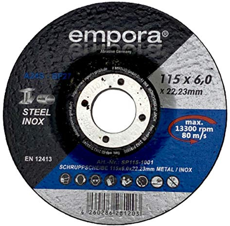 EMPORA Disques à ébarber Ø 115 mm – 125 mm – 180 mm – Tôle d'acier inoxydable métal – 6,0 mm x 22,23 mm – 80 m/s – EN 12413 (10, 115 mm)