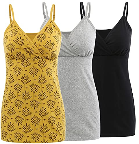 COLOMI Amning tanktops för moderskap integrerad bh för amning grundläggande kamisole, Svart+grå+gul/3-pack, L