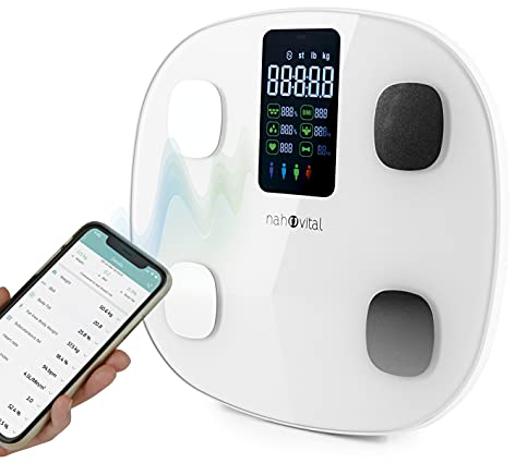 nah-vital® Bilancia per analisi del corpo intelligente, bilancia pesapersone digitale, con app per 15 dati corporei come grasso corporeo, peso, BMI, massa muscolare e BMR | grande display | fino a 24
