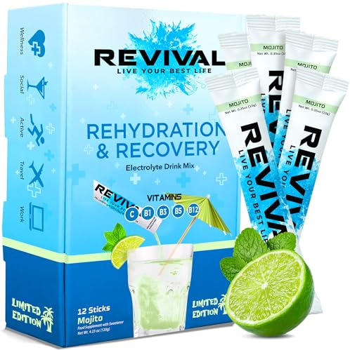 Revival Rapid Rehydration Sachets Electrolytes Powder High Strength Vitamin C, B1, B3, B5, B12 Supplement Sachet Energy Drink, Effervescent Electrolyte Hydration Tablets 12 Pack Mojito Flavours