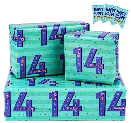 RUSPEPA Geburtstags-Geschenkpapierbögen mit Geschenkanhängern für Teenager-Jungen-Geburtstagsgeschenkpapier, 3-fach gefaltet, je Set, 50 x 70 cm, Alter 14