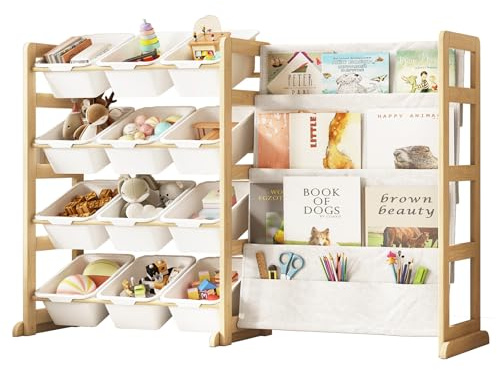 EXPERLAM Toy Storage Organizer with Bookshelf - 12 Storage Bins 4-Tier Multipurpose Shelf to Organize Toys and Books for Kids Room, Playroom, Nursery Room, White