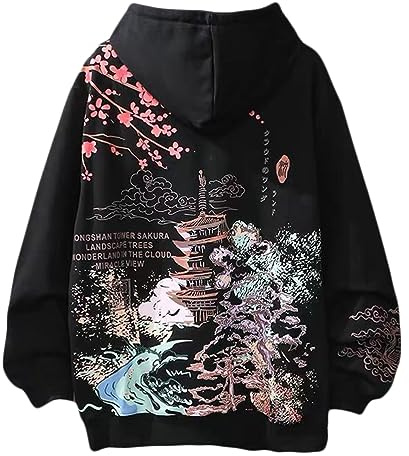 Osheoiso Harajuku Style Femme Capuche Casual Sweat à Capuche Sweat Shirt Imprimé Hoodie à Manches Longues Femme Sweater Oversized A Noir M