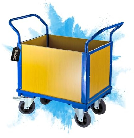 PROREGAL Transportwagen Handwagen Materialwagen mit 4 hohen Wänden | HxBxL 94x50x102cm | 2 Lenk- & Bockrollen | Traglast 180kg | Lichtblau