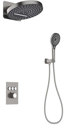 XJTNLB Ensemble Douche Encastrée Ronde Mitigeur Thermostatique Douche Encastrée Pommeau de Douche Cascade 3 Mode Laiton,Gris Pistolet