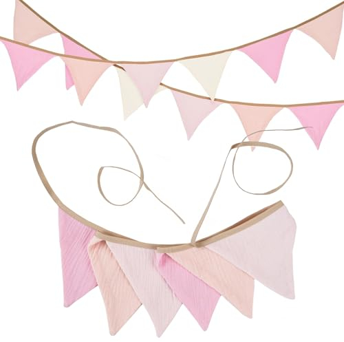 Wimpelkette aus 100% Musselin, rosa Girlande für Kinderzimmer - 1,9 M Musselin-Kranz, geeignet für Familien- und Kinderbetten