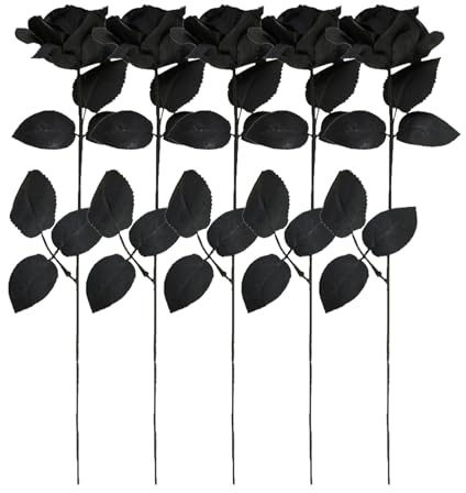 Pofluany 5 Rose Artificiali Nere, Fiori Finti Con Stelo in Seta, Realistici per Halloween, Decorazione Floreale, 5 Pezzi