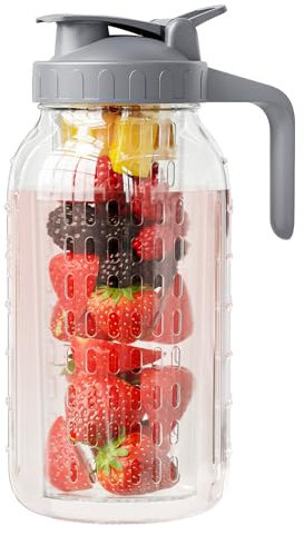 JunVpic Pichet à eau en verre avec infuseur à fruits, carafe Mason en verre, 1,8 l, carafe à large ouverture avec couvercle à bec verseur pour boissons à fruits, café froid, boissons glacées, jus