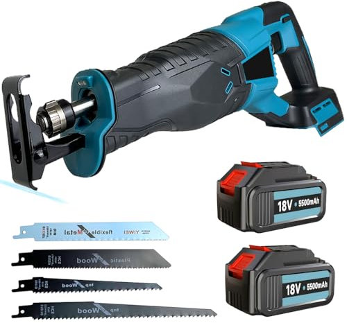 Akku-Säbelsäge mit 2 3,0Ah Akkus, kompatibel mit Makita 18V Akku BL1850b DJR186ZK, mit 4 Sägeblättern, 3500 U/min, säbelsägen mit variabler Geschwindigkeit zum Schneiden von Holz, Metall und PVC