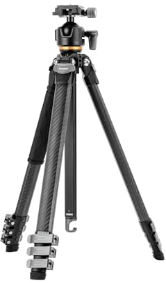 Fotopro Kompakt kolfiberstativ, 152 cm profilben bärbart resestativ, professionellt slitstarkt stativ max belastning 15 kg med superstort kulhuvud väderbeständig väska, fotopro ursprung svart
