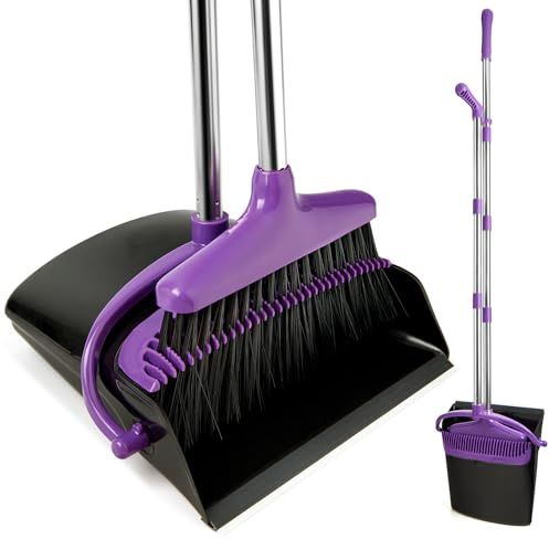 XXFLOWER Dustpan and Brush Sets Long Handle Broom and Dustpan Set with Comb Teeth Upright Sweeping Brush Set for Indoor Kitchen Purple