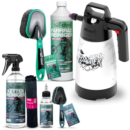 bio-chem Kit de limpieza de 7 productos para bicis, BTT y bicis eléctricas | Limpiador para bicicleta 1L + limpiador para cadena 750 ml + aceite para cadena 100 ml + pulverizador