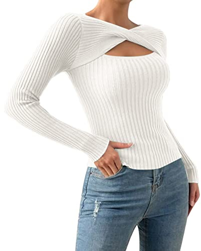 Maglione Corto Donna,Maglia Asimmetrica Donna Avvolgente Incrociato Frontale Sexy Pullover Elegante Maglietta Aderente Maniche Lunghe Maglioni Incrociati Blusa Scavato Maglieria Invernale Sweater