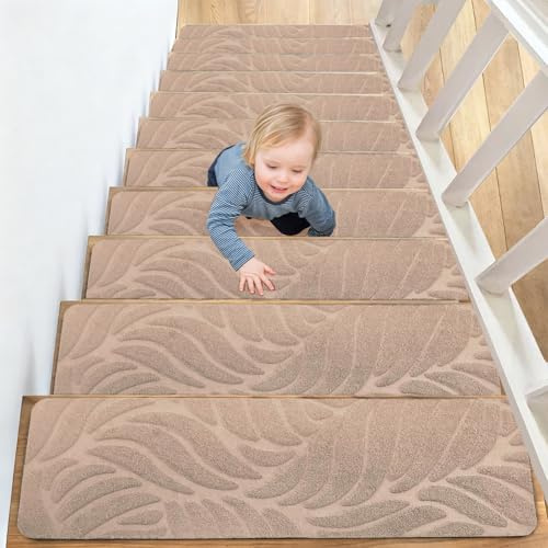 Hengrongshen Treppenstufenmatten 15 Stück, Anti-Rutsch Selbstklebend 55x19cm, Wiederverwendbar Zuschneidbar, Innen Treppenschutz für Haustiere & Kinder-Beige