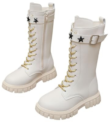 Botas Altas Blancas Niña, Botas De Combate Zapatos Escolares De Piel SintéTica Con Cordones Y Cremallera Lateral Punk Goth Boot Antideslizante Impermeable Princesa Bota De Goma