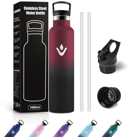 JAPORIA Borraccia Acciaio Inox 1L, Bottiglia Termiche con Cannuccia, Riutilizzabile, a Prova di Perdite, senza BPA, Termos per Gimnasio, Campeggio
