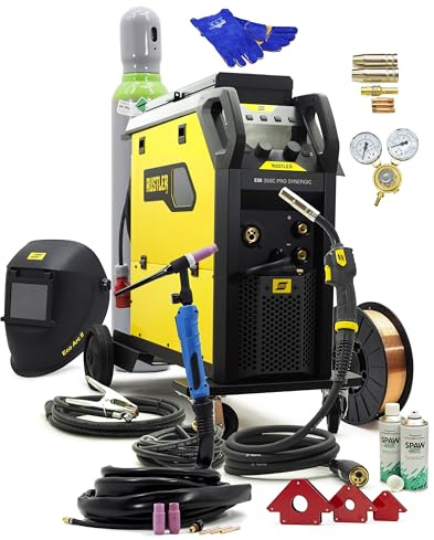 Kombi svetsmaskin komplett set Rustler 350C PRO – Inverter MIG MAG svetsmaskin 350A – Synergic skyddande gassvetsmaskin 400 V – 4-rullar, WIG Lift & e-hand – professionellt set med hjälm, gasflaska