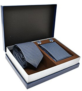 Coffret Ensemble Cravate Homme, Mouchoir de Poche, Boutons de Manchette à rayures Bleu - 100% en Soie - Classique, Elégant et Moderne - (Idéal pour un cadeau, un mariage, avec un costume, au travail…)