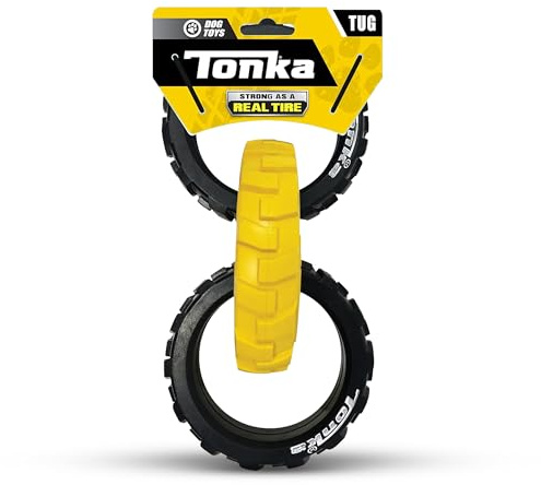 Nerf Dog Rubber 3-Ring Tug Dog Toy, Lightweight, Durable and Water Resistant, 10.5 Inches, for Medium/Large Breeds, Single Unit, Yellow/Black