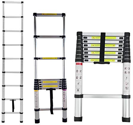 2.6M Aluminium Extending Ladder - 8.5ft Telescopic Ladder for Electricians, EN 131 Certified, Folding, Portable, Multi-Purpose for Indoor & Outdoor Use