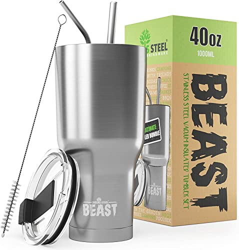 Beast Tumbler – 1050 ml (40 oz), Argenté | Gobelet isotherme en acier inoxydable réutilisable | Avec 2 pailles et brosse de nettoyage | Double paroi, idéal pour café chaud ou glacé | Sans BPA