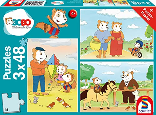 Schmidt Spiele 56415 Bobo Siebenschläfer, Auf ins Abenteuer, 3x48 Teile Kinderpuzzle