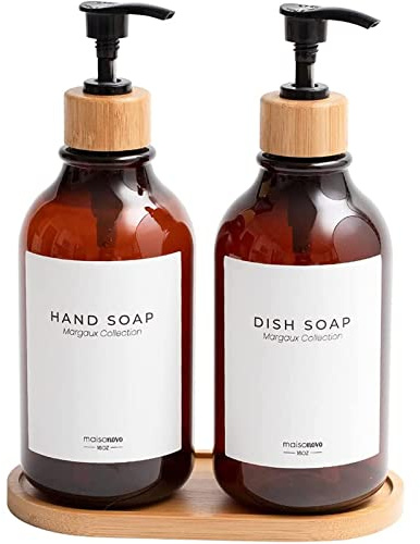 Uppsättning av 2 tvåldispensrar 500 ml, plastschampo dispenser duschgel dispenser diskmedel kök handtvåldispenser Con bambupump och tvålskål, pumpdispenser inkl. etiketter, brun
